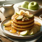 Image of a stack of fluffy, golden-brown apple pancakes topped with diced apples and a drizzle of maple syrup on a white ceramic plate, set on a rustic wooden table.