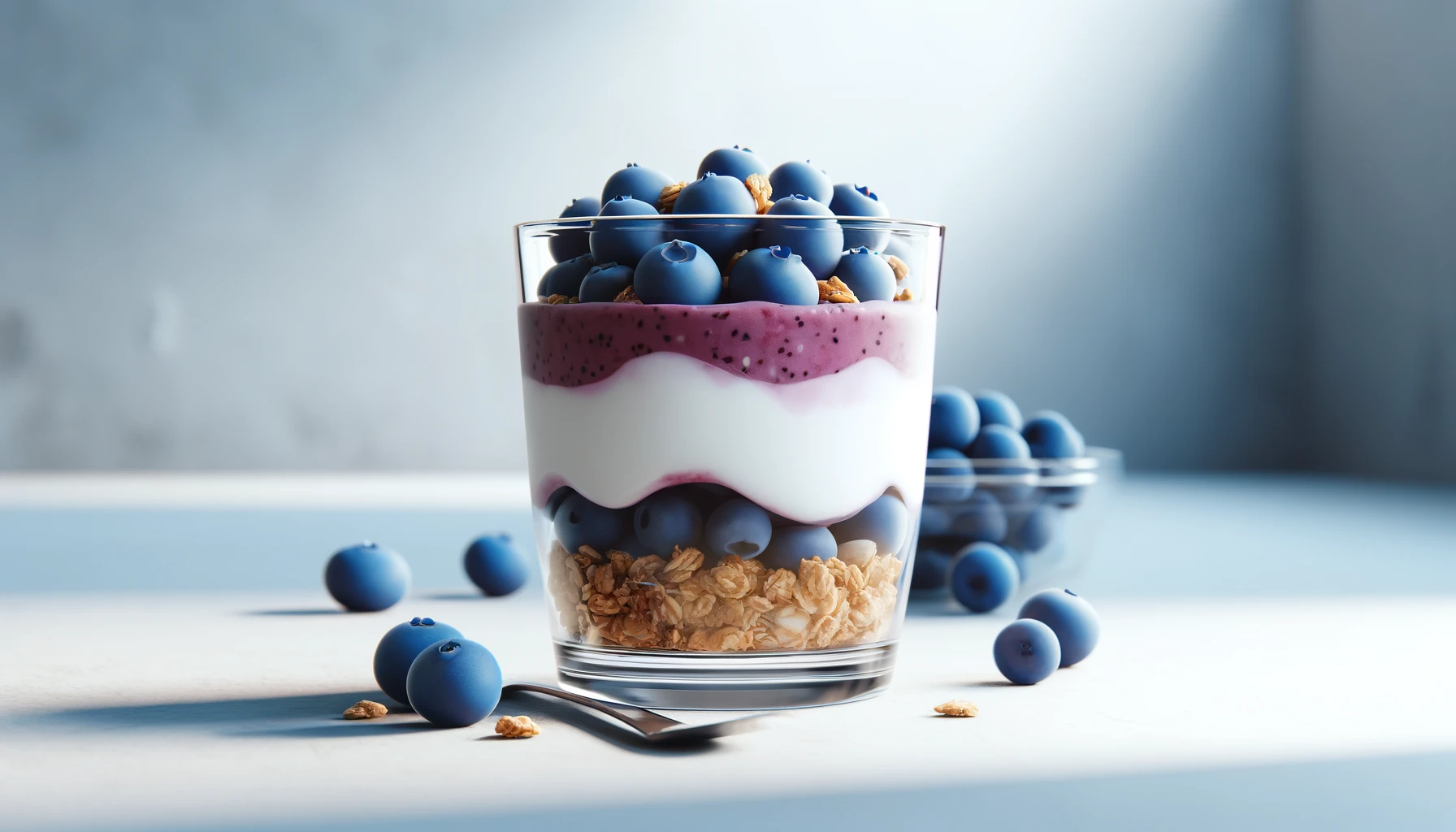 Blueberry Parfait with Granola: A mouthwatering blend of creamy yogurt, ripe blueberries, and crunchy granola layers, promising a delightful balance of flavors and textures. A wholesome treat that satisfies both the taste buds and nutritional needs.