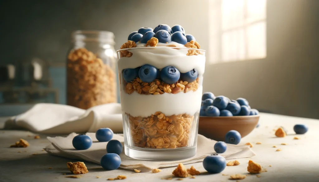 Blueberry Parfait with Granola: A mouthwatering blend of creamy yogurt, ripe blueberries, and crunchy granola layers, promising a delightful balance of flavors and textures. A wholesome treat that satisfies both the taste buds and nutritional needs.