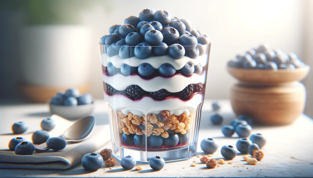 Blueberry Parfait with Granola: A mouthwatering blend of creamy yogurt, ripe blueberries, and crunchy granola layers, promising a delightful balance of flavors and textures. A wholesome treat that satisfies both the taste buds and nutritional needs.