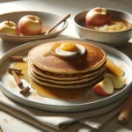 Golden brown pancakes topped with homemade applesauce, a tasty and egg-free breakfast option packed with flavor and nutrients.