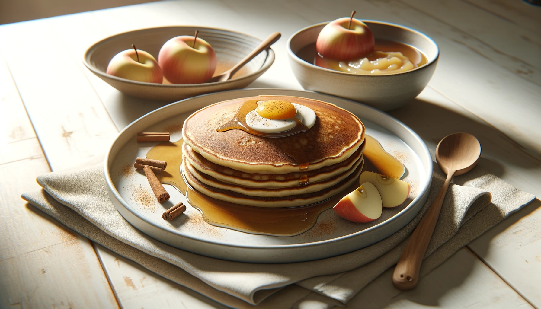 Golden brown pancakes topped with homemade applesauce, a tasty and egg-free breakfast option packed with flavor and nutrients.