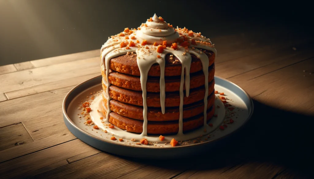 Stack of moist carrot cake pancakes topped with cream cheese frosting and walnuts, served on a white plate with a drizzle of maple syrup.