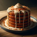 Stack of moist carrot cake pancakes topped with cream cheese frosting and walnuts, served on a white plate with a drizzle of maple syrup.