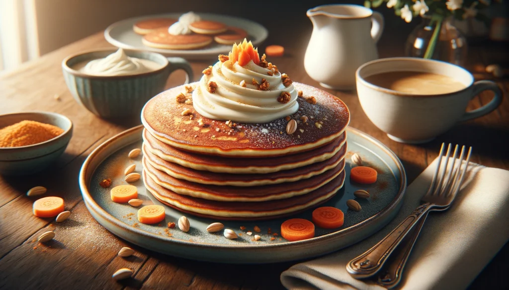 Stack of moist carrot cake pancakes topped with cream cheese frosting and walnuts, served on a white plate with a drizzle of maple syrup.