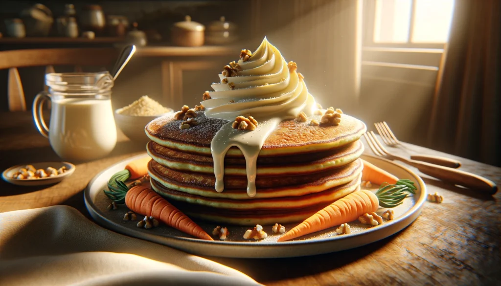 Stack of moist carrot cake pancakes topped with cream cheese frosting and walnuts, served on a white plate with a drizzle of maple syrup.