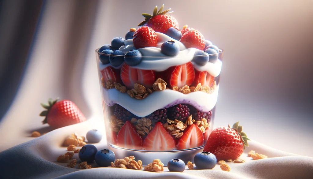 A close-up image of a Greek yogurt parfait served in a tall glass, featuring layers of creamy Greek yogurt, vibrant mixed berries, crunchy granola, and a drizzle of honey, all beautifully arranged in a transparent glass against a neutral background.