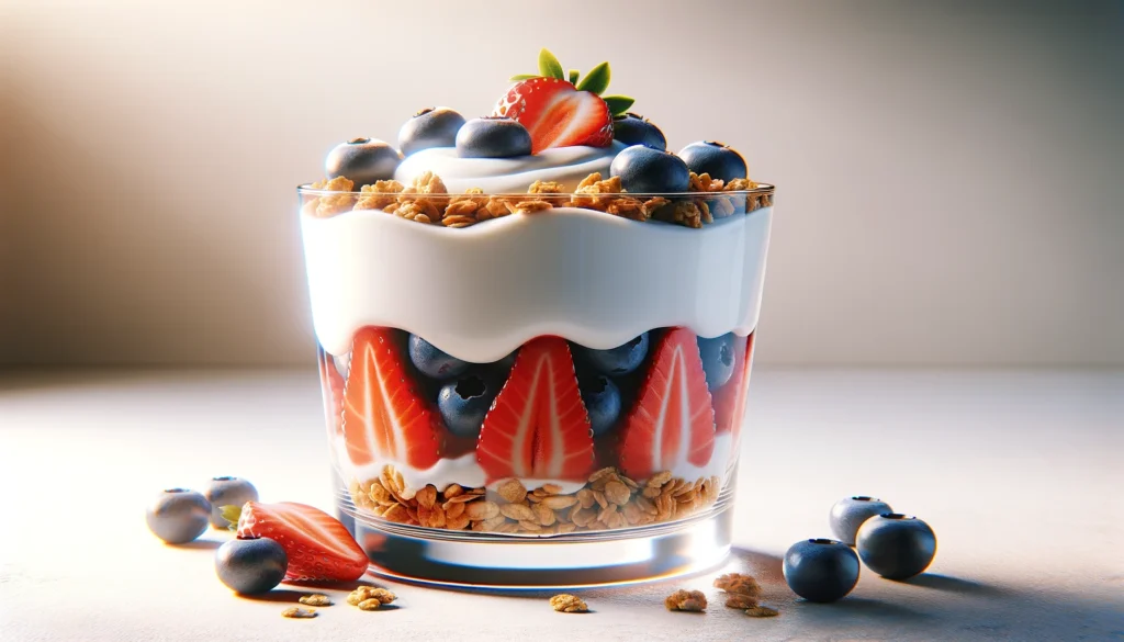 A close-up image of a Greek yogurt parfait served in a tall glass, featuring layers of creamy Greek yogurt, vibrant mixed berries, crunchy granola, and a drizzle of honey, all beautifully arranged in a transparent glass against a neutral background.