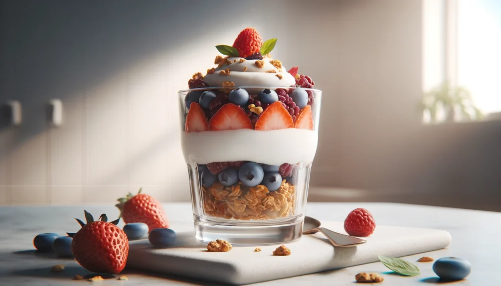 A close-up image of a Greek yogurt parfait served in a tall glass, featuring layers of creamy Greek yogurt, vibrant mixed berries, crunchy granola, and a drizzle of honey, all beautifully arranged in a transparent glass against a neutral background.