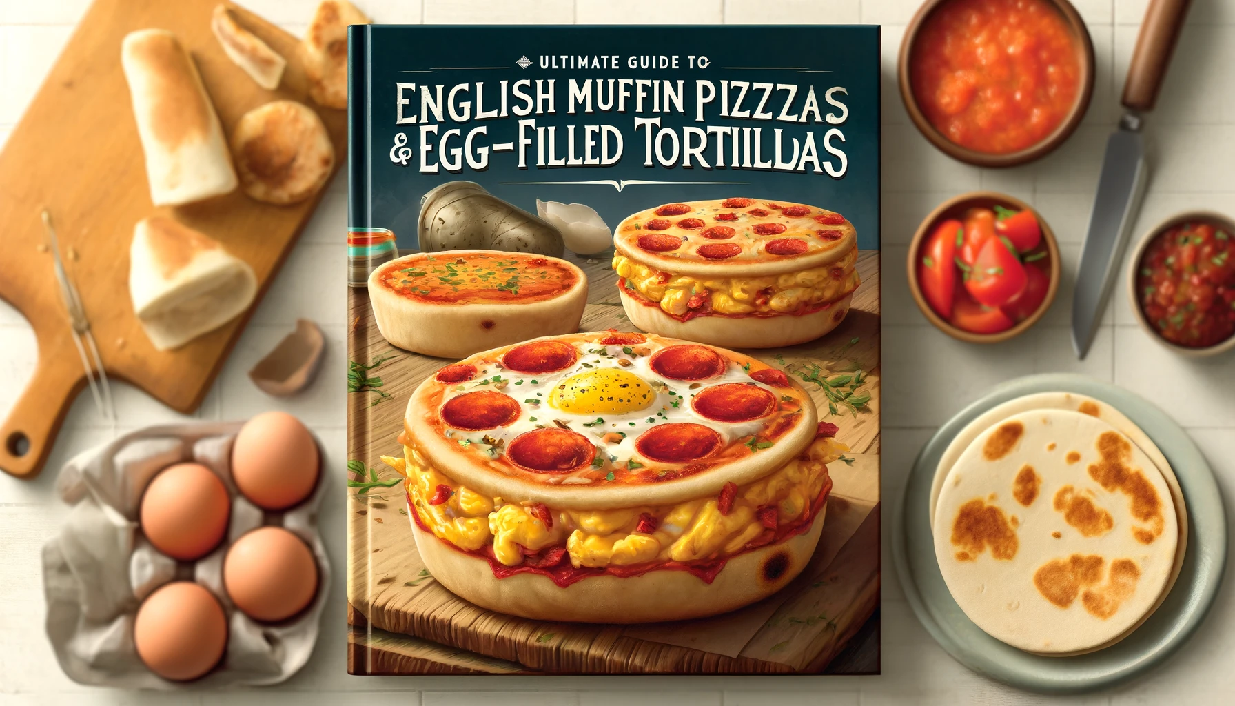 This artistic and realistic depiction shows English muffin pizzas topped with melted cheese, pepperoni, and herbs, alongside neatly rolled egg-filled tortillas containing scrambled eggs, diced bell peppers, and onions. The background features a kitchen setting with ingredients and cooking utensils subtly displayed.