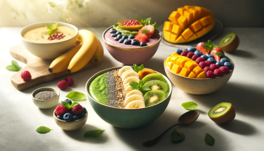 Here is the image of various smoothie bowls, designed as a nutritious breakfast option. Each bowl features a different colorful smoothie, topped with fruits and other garnishes, set on a light, neutral-colored kitchen table under soft morning sunlight.