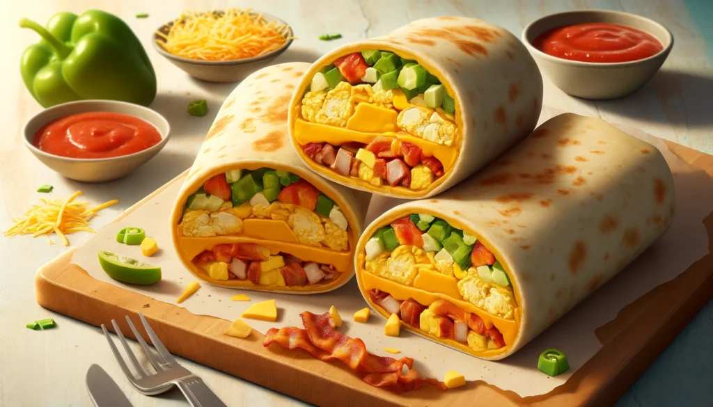 Here's the image of various breakfast burritos, designed in a realistic and guide-style layout. Let me know if you need any adjustments or additional images!