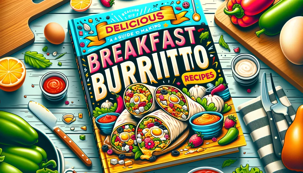 Here's the image of the book cover for "Delicious Breakfast Burrito Recipes: A Guide to Making Flavorful Morning Meals." The design features a colorful and vibrant illustration of breakfast burritos along with a lively kitchen setting. Let me know if there's anything you'd like to adjust or add!