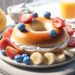 Here is the realistic image of a nutritious breakfast featuring a bagel topped with cream cheese and assorted fruits. It's set on a casual breakfast table with a small glass of orange juice in the background. Let me know if there's anything you'd like to adjust!