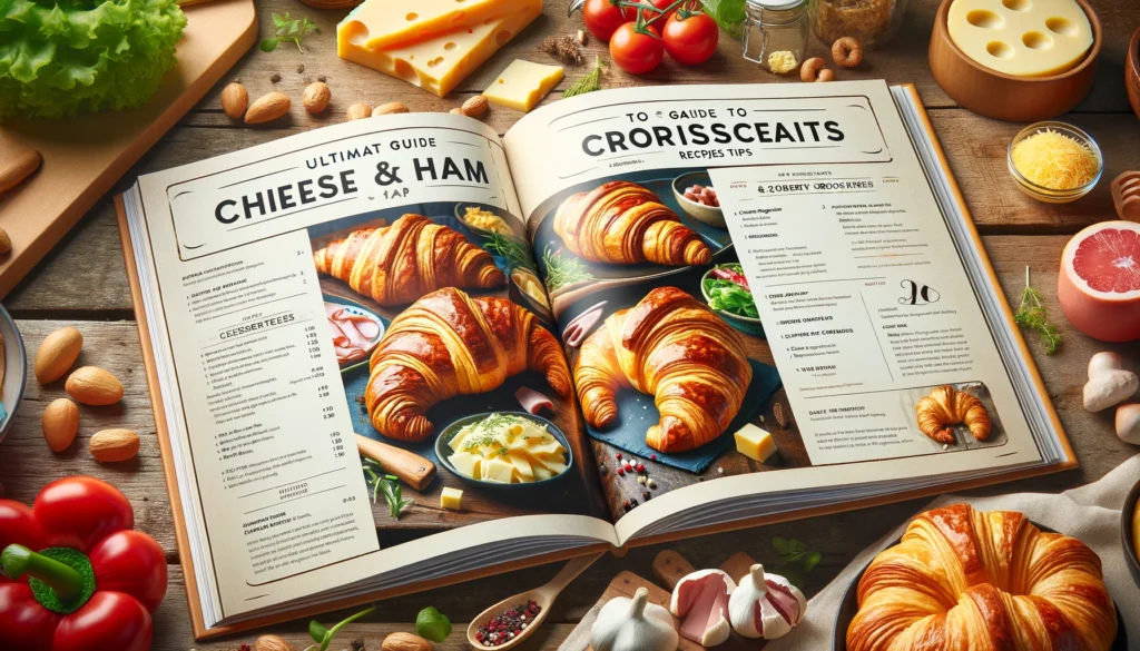 Here's the image of an open book titled "Ultimate Guide to Cheese and Ham Croissants: Recipes and Tips". The image showcases the book with detailed recipes and tips for making cheese and ham croissants. Let me know if there's anything else you'd like to adjust or add!