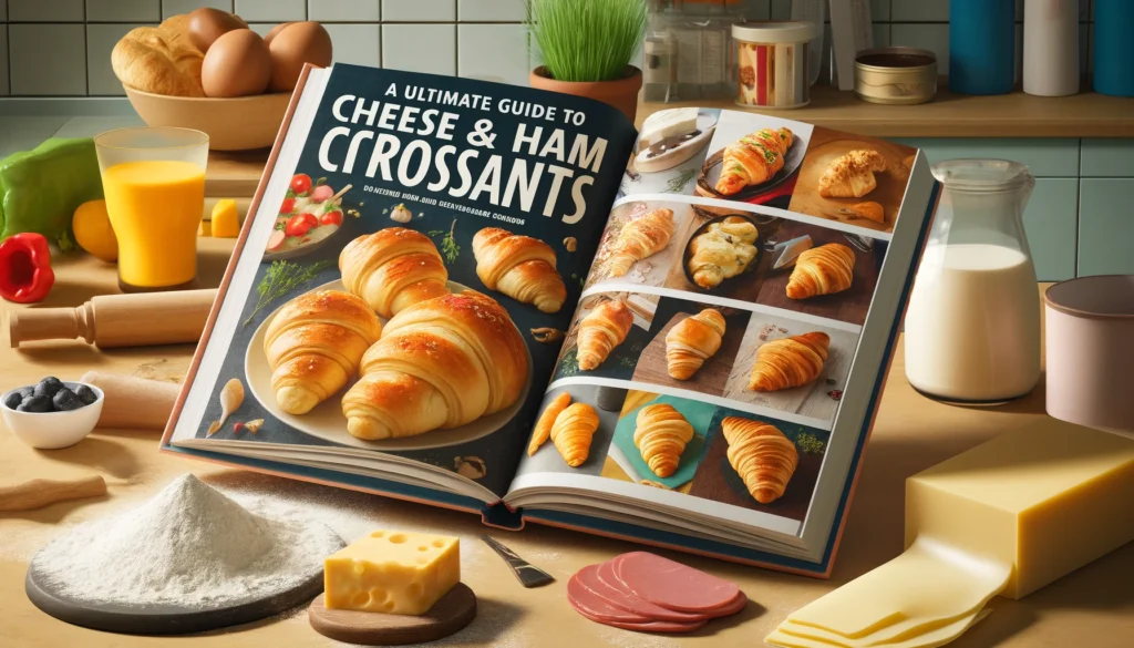 Here is the image for your ultimate guide to cheese and ham croissants, featuring a realistic kitchen scene with an open cookbook and ingredients for making the croissants. Let me know if there's anything you'd like to adjust or add!