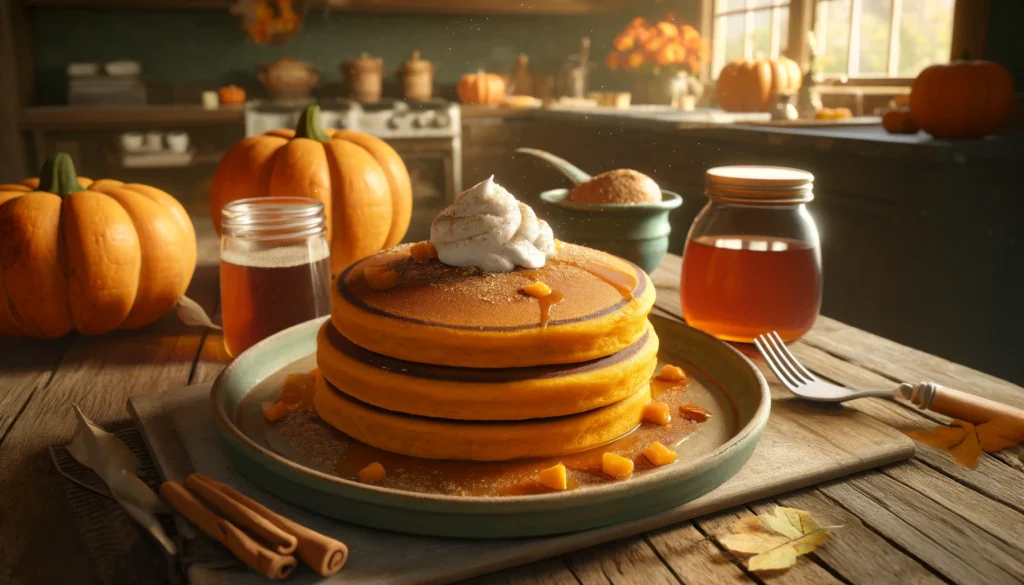 Here's a realistic digital image of pumpkin pancakes made with pumpkin puree, beautifully presented on a rustic kitchen table. You can view the image above. If you need any adjustments or another image, feel free to let me know!