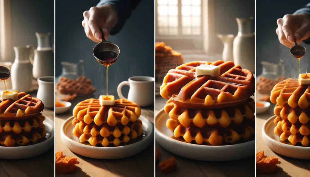 Here is the image depicting sweet potato waffles in a realistic and natural setting. It includes three separated scenes: freshly cooked waffles, a side view with butter, and drizzling maple syrup. You can view and download the image directly above. If you need any modifications or additional images, feel free to let me know!