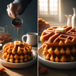 Here is the image depicting sweet potato waffles in a realistic and natural setting. It includes three separated scenes: freshly cooked waffles, a side view with butter, and drizzling maple syrup. You can view and download the image directly above. If you need any modifications or additional images, feel free to let me know!