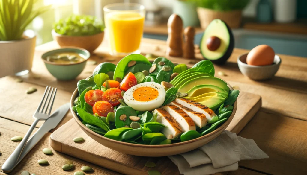 How about an image of a vibrant breakfast salad featuring a colorful array of fresh greens like spinach, kale, and arugula, topped with slices of grilled chicken or tofu, avocado, cherry tomatoes, and a sprinkle of nuts or seeds? It could be presented in a bright bowl with sunlight streaming in, evoking a feeling of freshness and vitality to start the day right.