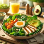 How about an image of a vibrant breakfast salad featuring a colorful array of fresh greens like spinach, kale, and arugula, topped with slices of grilled chicken or tofu, avocado, cherry tomatoes, and a sprinkle of nuts or seeds? It could be presented in a bright bowl with sunlight streaming in, evoking a feeling of freshness and vitality to start the day right.