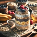 How about an image of a mason jar filled with layers of oats, yogurt, fruits, and nuts, neatly arranged on a rustic wooden table? It could convey the simplicity and wholesomeness of overnight oats, with colorful ingredients peeking through the clear glass, enticing viewers to try the recipe for themselves.