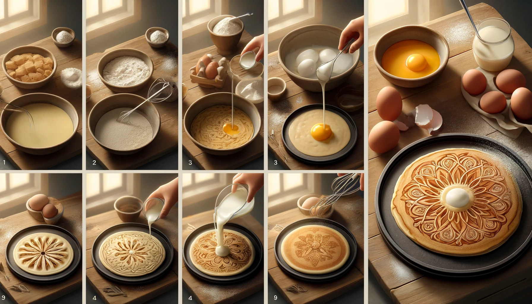 How about an image of a chef gracefully pouring pancake batter onto a sizzling hot griddle, with the batter forming intricate patterns and shapes as it cooks? This could showcase the dynamic and artistic process of creating pancake art step by step.