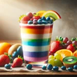 A glass parfait dish filled with vibrant layers of yogurt in various colors of the rainbow, each layer adorned with slices of fresh, colorful fruits like strawberries, kiwis, blueberries, and mangoes. The image showcases the beauty and deliciousness of this rainbow parfait recipe, enticing viewers to give it a try.