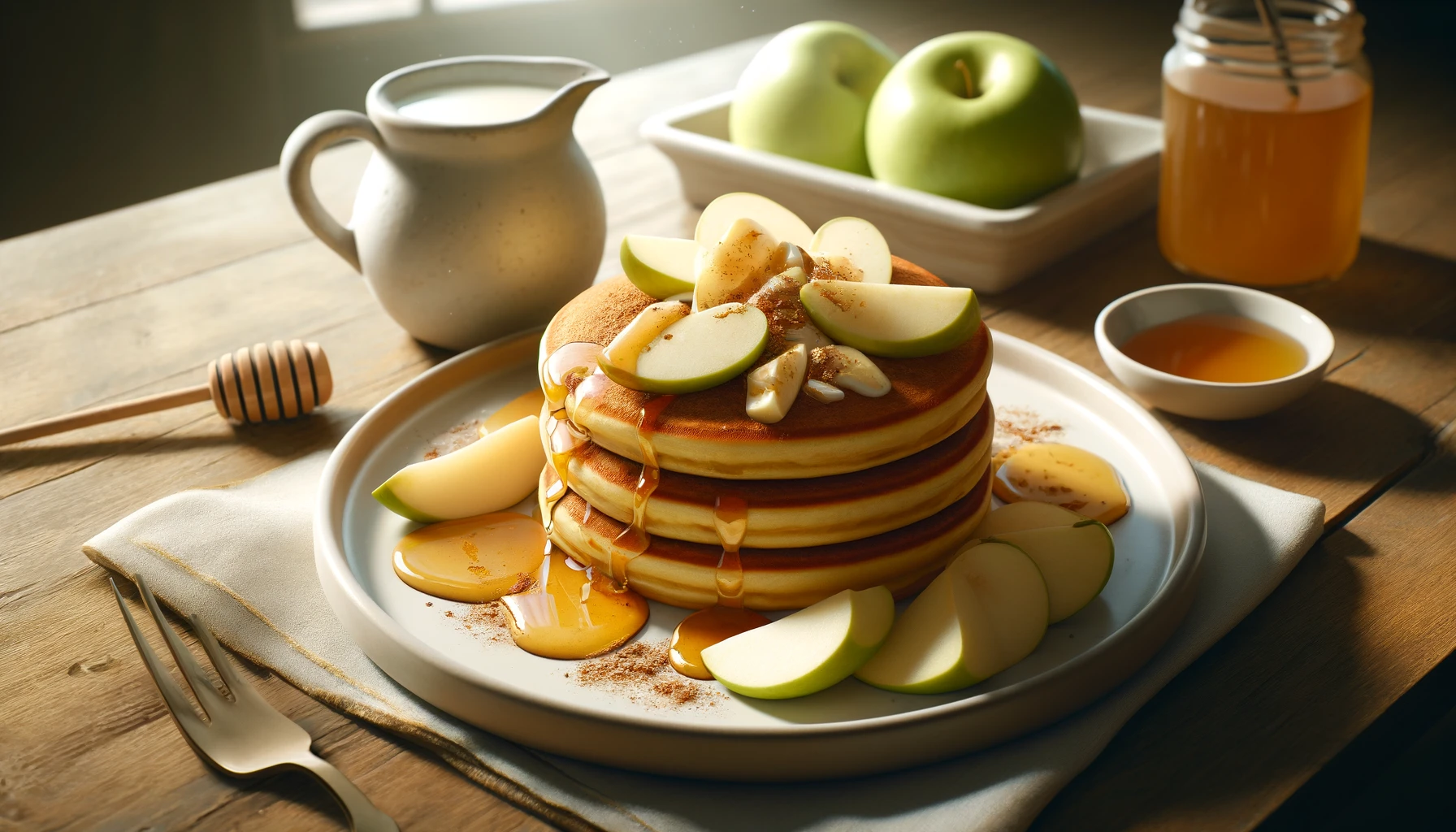 Image of a stack of fluffy, golden-brown apple pancakes topped with diced apples and a drizzle of maple syrup on a white ceramic plate, set on a rustic wooden table.