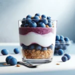 Blueberry Parfait with Granola: A mouthwatering blend of creamy yogurt, ripe blueberries, and crunchy granola layers, promising a delightful balance of flavors and textures. A wholesome treat that satisfies both the taste buds and nutritional needs.