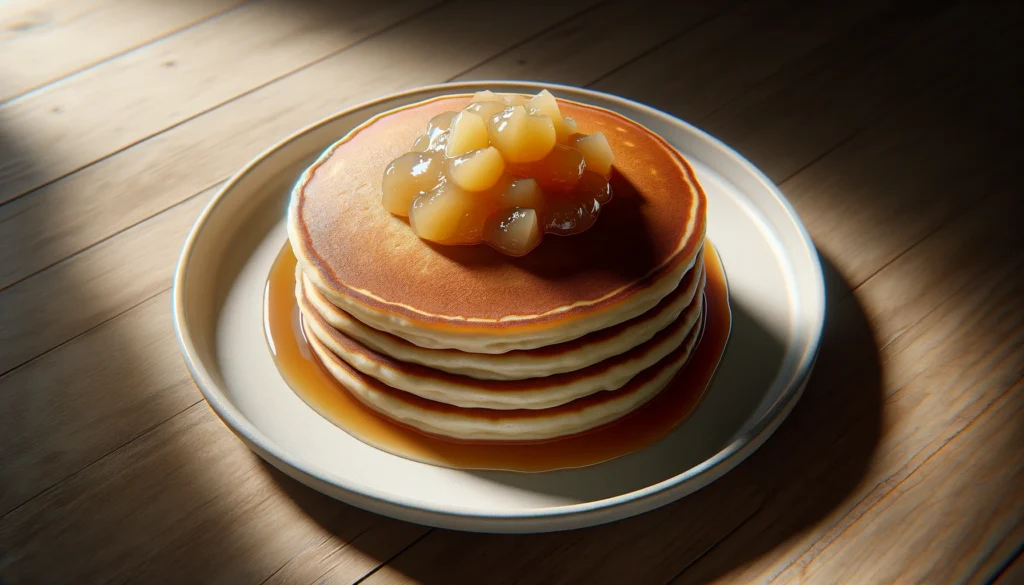 Golden brown pancakes topped with homemade applesauce, a tasty and egg-free breakfast option packed with flavor and nutrients.