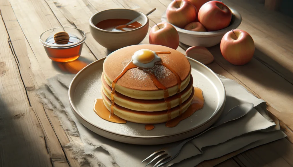 Golden brown pancakes topped with homemade applesauce, a tasty and egg-free breakfast option packed with flavor and nutrients.