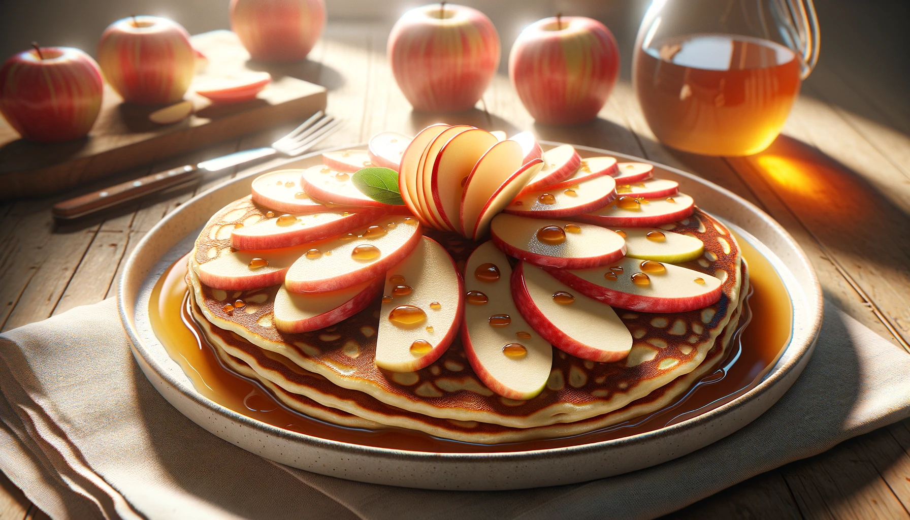 Low Cal Apple Pancakes: A stack of golden pancakes topped with fresh apple slices, drizzled with syrup. A guilt-free delight for breakfast or brunch.