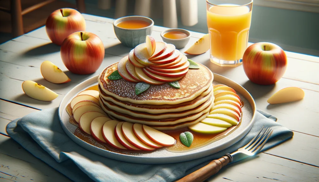 Low Cal Apple Pancakes: A stack of golden pancakes topped with fresh apple slices, drizzled with syrup. A guilt-free delight for breakfast or brunch.