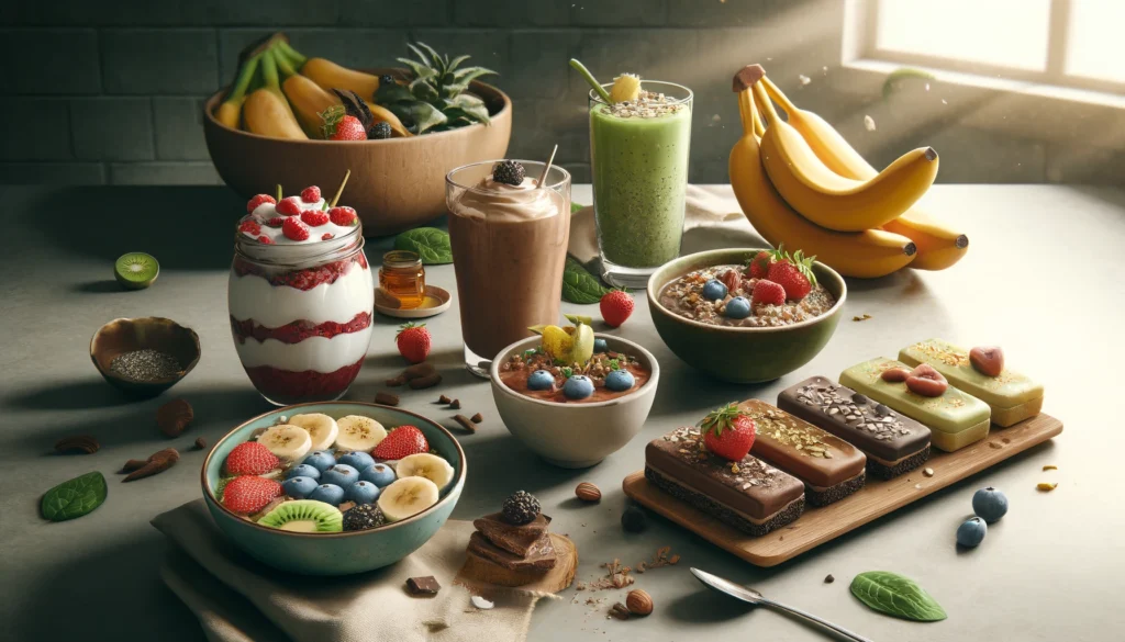 An assortment of vibrant fruits and nuts arranged on a wooden cutting board, including sliced strawberries, blueberries, kiwi, almonds, and dark chocolate chunks. Text overlay reads: '5 Banana-Free Options to Try Today: A Delicious and Nutritious Treat.