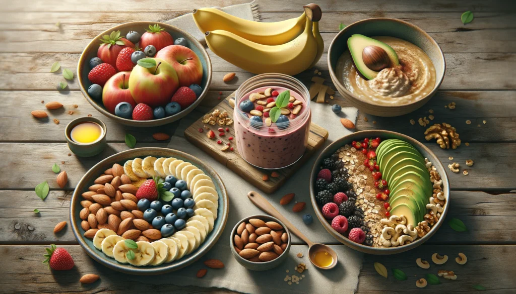 An assortment of vibrant fruits and nuts arranged on a wooden cutting board, including sliced strawberries, blueberries, kiwi, almonds, and dark chocolate chunks. Text overlay reads: '5 Banana-Free Options to Try Today: A Delicious and Nutritious Treat.