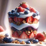 A close-up image of a Greek yogurt parfait served in a tall glass, featuring layers of creamy Greek yogurt, vibrant mixed berries, crunchy granola, and a drizzle of honey, all beautifully arranged in a transparent glass against a neutral background.