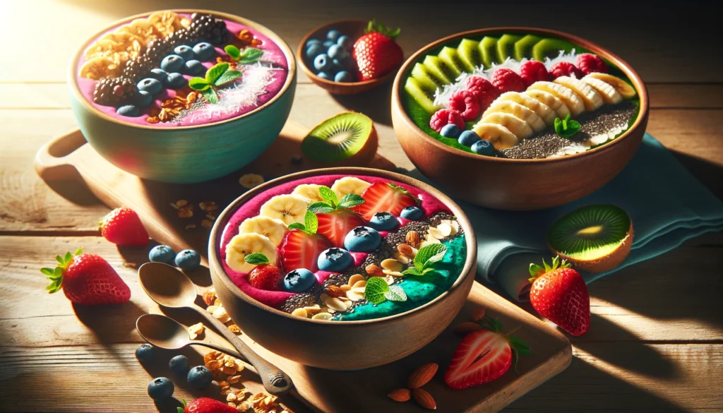 Here's the image of various smoothie bowls, designed to look vibrant and realistic. Each bowl features a different nutritious base and is topped with various fruits and other healthy ingredients, set in a morning light setting. Let me know if there's anything you'd like to adjust or if you need another image!