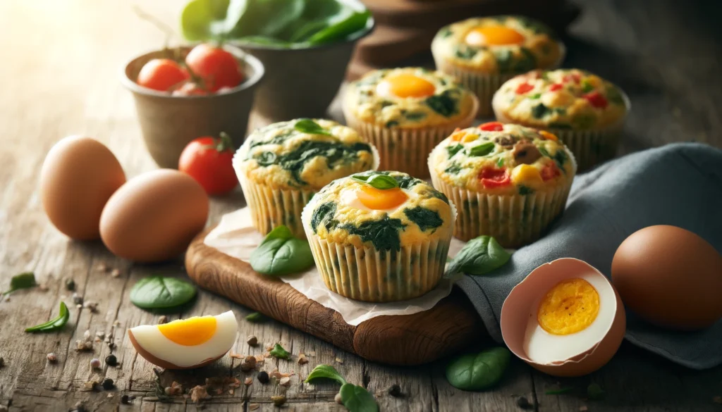 Here is the image of delicious and nutritious egg muffins, ideal for a quick breakfast on-the-go. Each muffin is filled with various ingredients like spinach, cheese, bell peppers, and mushrooms, displayed on a rustic wooden table under morning light. Feel free to take a closer look!