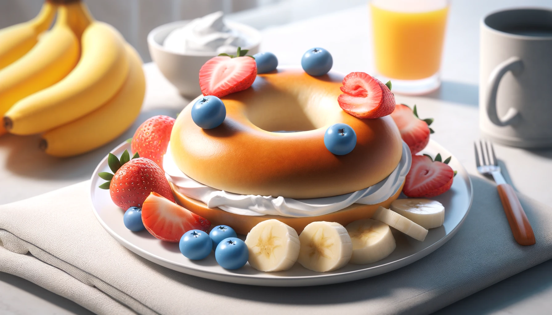 Here is the realistic image of a nutritious breakfast featuring a bagel topped with cream cheese and assorted fruits. It's set on a casual breakfast table with a small glass of orange juice in the background. Let me know if there's anything you'd like to adjust!