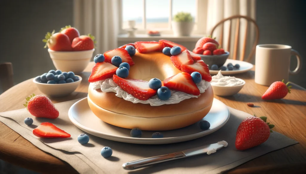 Here is the image of a delicious bagel with cream cheese and fruit, designed as a nutritious breakfast option. I hope it matches your vision! If there's anything you'd like to adjust, feel free to let me know.