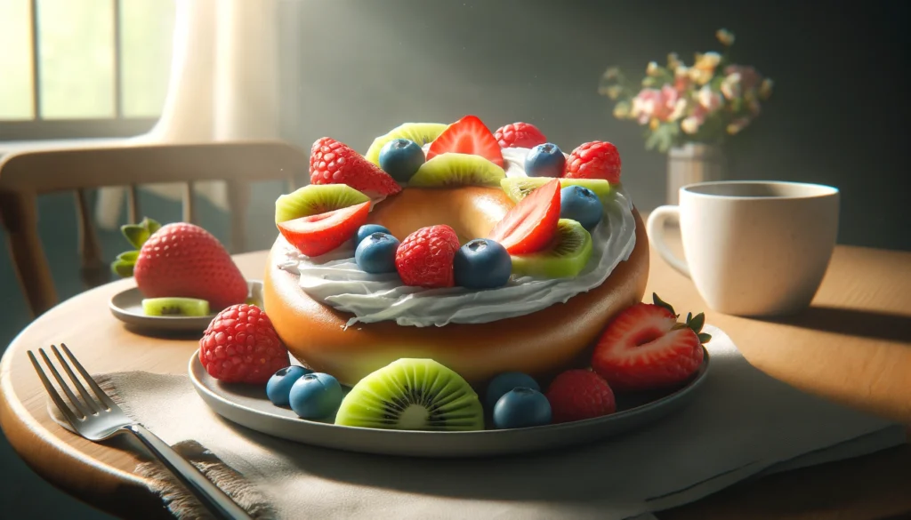 Here is the image of a delicious and nutritious breakfast featuring a bagel with cream cheese and fruit. I hope it matches your vision for a vibrant and appealing meal setting! If there's anything you'd like to adjust or add, feel free to let me know.