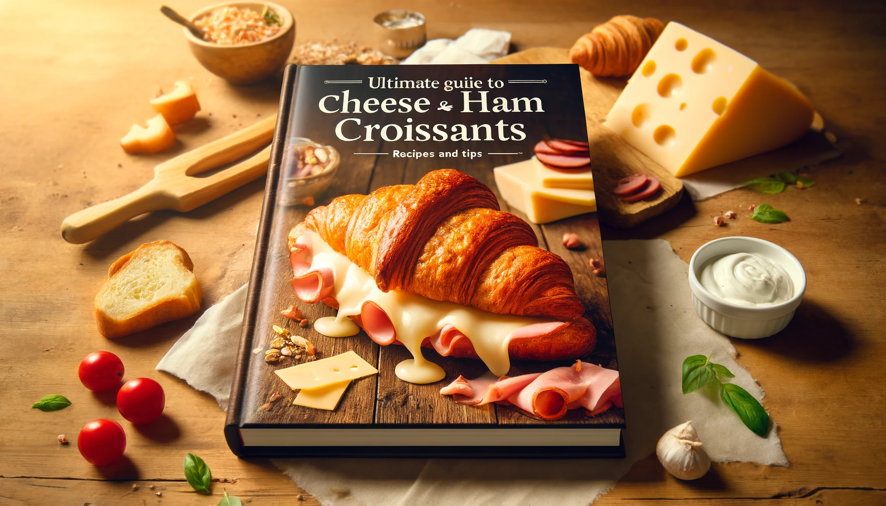 Here's the cover for your "Ultimate Guide to Cheese and Ham Croissants: Recipes and Tips". Let me know if there's anything else you'd like to adjust!