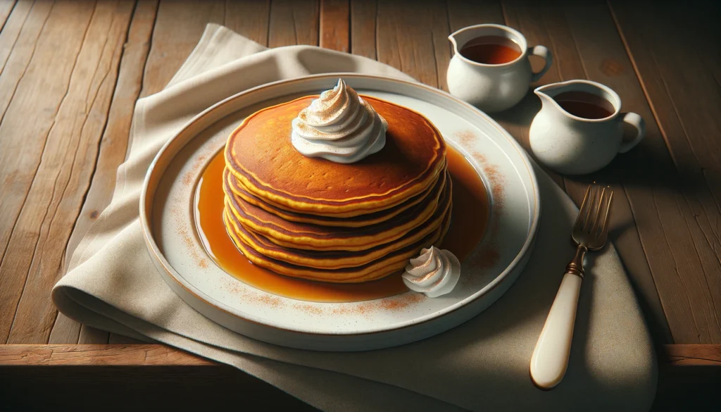 Here is the image of a plate of delicious pumpkin pancakes made with pumpkin puree, as you requested. The scene captures the pancakes served on a white plate with a dollop of whipped cream and cinnamon, beside a jug of maple syrup, all set against a rustic wooden table backdrop. Let me know if there's anything else you'd like to adjust or another image you'd like to create!