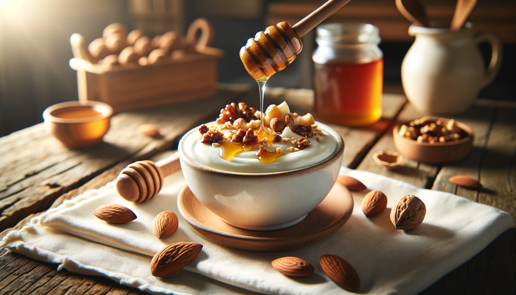 How about an image of a dollop of creamy Greek yogurt nestled in a bowl, drizzled with golden honey, and sprinkled with a generous handful of crunchy nuts? It could showcase the contrast of textures and the natural sweetness of the honey against the wholesome goodness of the yogurt and nuts.