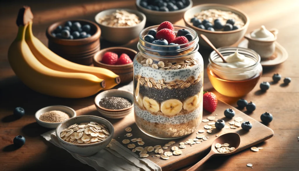 How about an image of a mason jar filled with layers of oats, yogurt, fruits, and nuts, neatly arranged on a rustic wooden table? It could convey the simplicity and wholesomeness of overnight oats, with colorful ingredients peeking through the clear glass, enticing viewers to try the recipe for themselves.