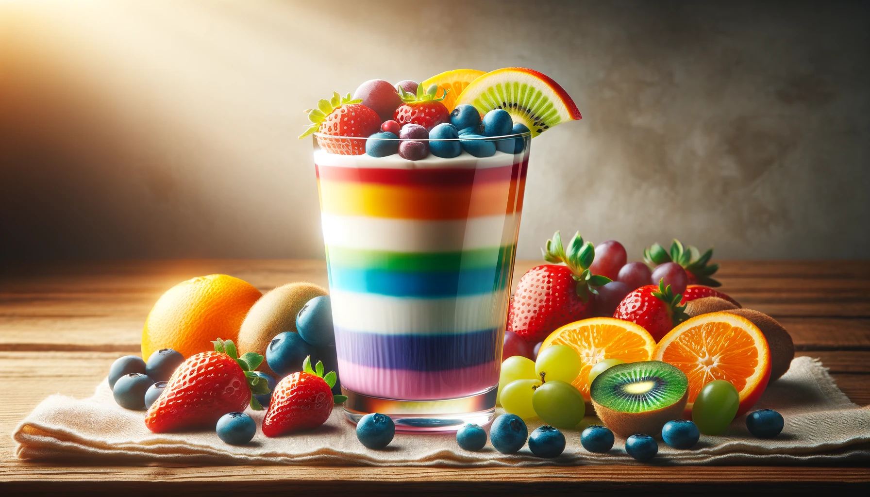 A glass parfait dish filled with vibrant layers of yogurt in various colors of the rainbow, each layer adorned with slices of fresh, colorful fruits like strawberries, kiwis, blueberries, and mangoes. The image showcases the beauty and deliciousness of this rainbow parfait recipe, enticing viewers to give it a try.