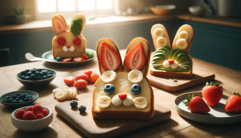 A whimsical alt image showing a colorful array of bunny-shaped toasts topped with creative toppings like avocado slices, cherry tomatoes, cheese, and sliced strawberries, all arranged on a wooden cutting board. Each bunny toast is uniquely decorated, showcasing the fun and creativity of this breakfast idea.