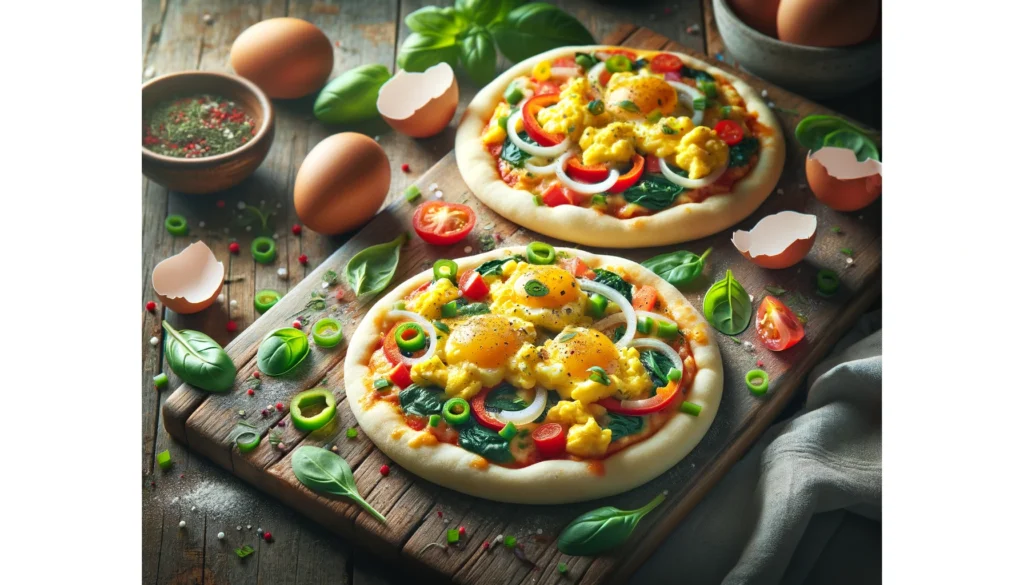 A close-up image of mini breakfast pizzas on a plate. Each pizza is topped with fluffy scrambled eggs and colorful diced vegetables, including bell peppers, tomatoes, and spinach. The golden crust of the pizzas is visible around the edges, and a sprinkle of cheese is melted on top. The plate is set against a neutral background, showcasing the vibrant colors of the ingredients.