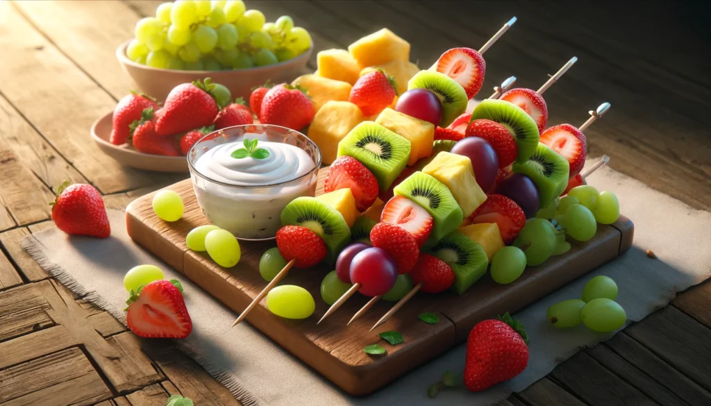 A colorful assortment of fruit kebabs arranged on a platter, accompanied by a bowl of creamy yogurt dip. The kebabs feature chunks of vibrant fruits like strawberries, grapes, pineapple, and melon, skewered on wooden sticks. The yogurt dip is smooth and white, contrasting with the bright hues of the fruits. The arrangement is appetizing and perfect for a refreshing snack or dessert option.